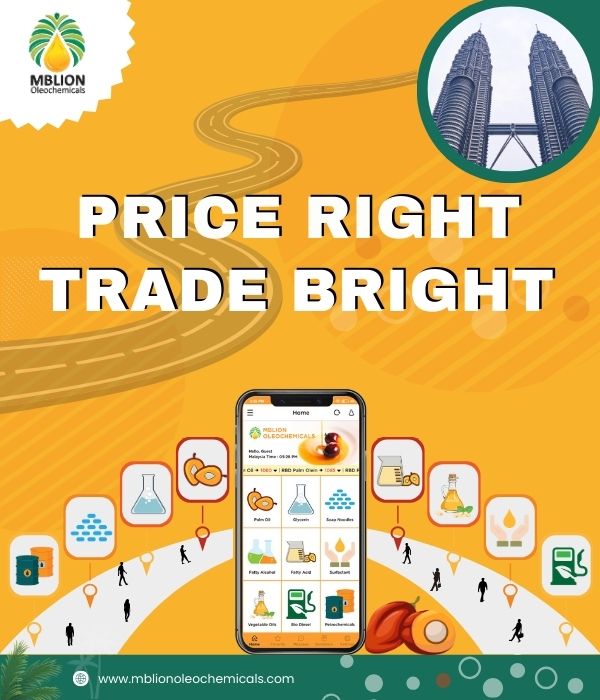 MBLion Oleochemicals mobile app showing daily palm oil prices and oleochemical market updates from Malaysia