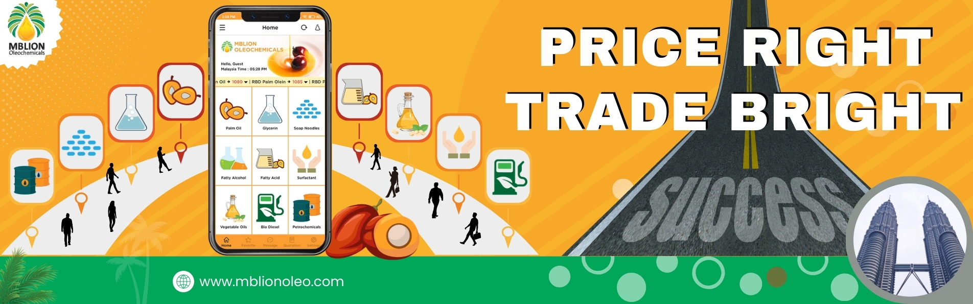 MBLion Oleochemicals mobile app showing daily palm oil prices and oleochemical market updates from Malaysia