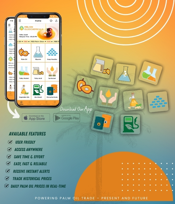 MBLion Oleochemicals mobile app features showing real time palm oil prices glycerine soap noodles and oleochemical market data
