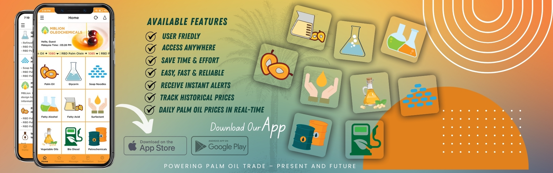 MBLion Oleochemicals mobile app features showing real time palm oil prices glycerine soap noodles and oleochemical market data