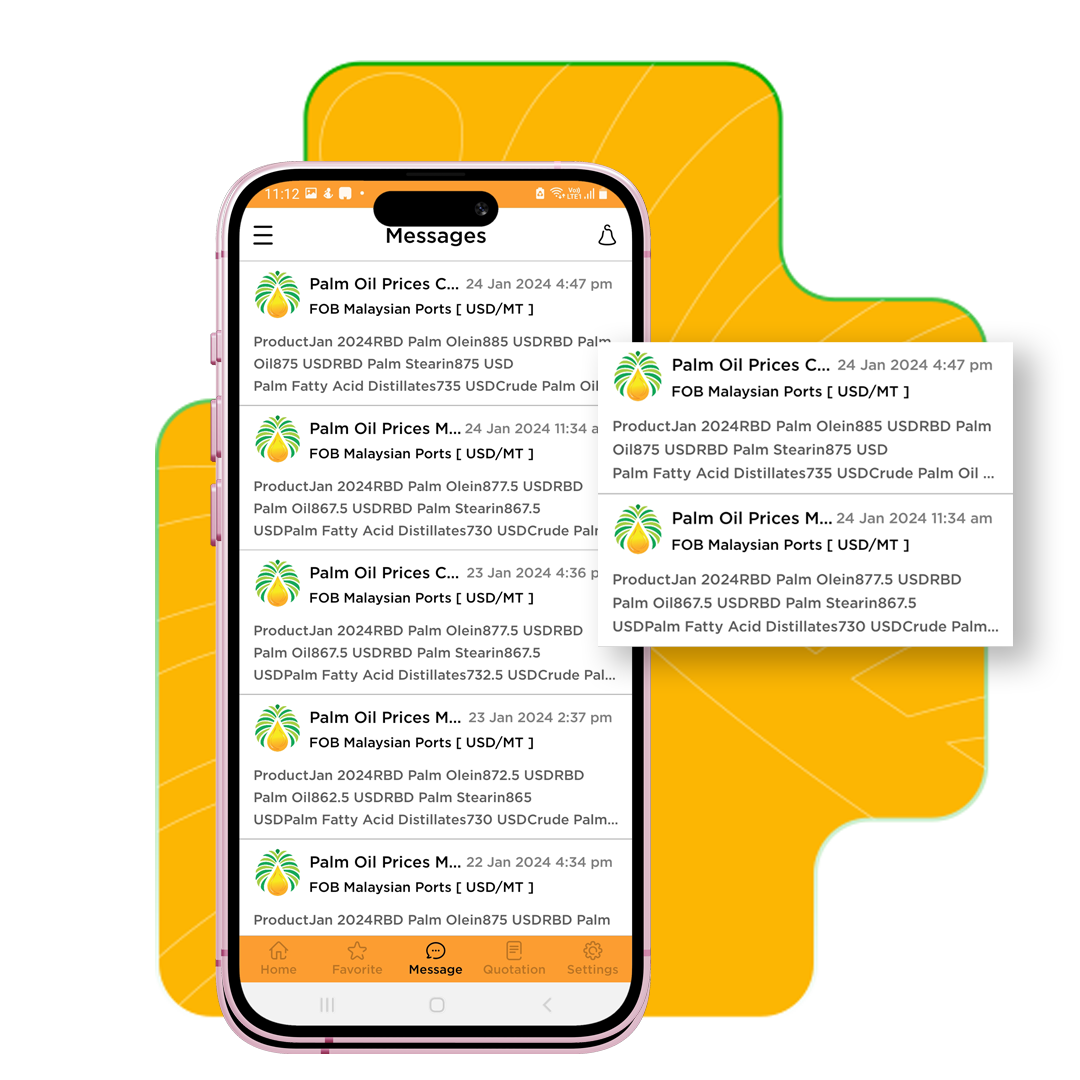 MBLion Oleo App message alerts showing daily palm oil price updates from Malaysian ports